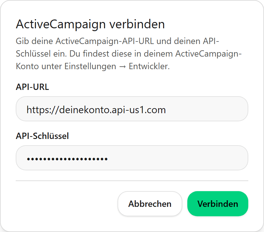 Dialog zum Verbinden von ActiveCampaign mit API-URL- und API-Schlüssel-Feld