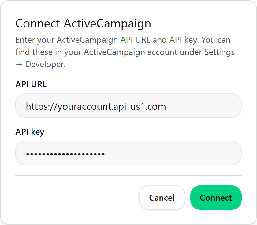 Dialog to connect ActiveCampaign with API URL and API key fields