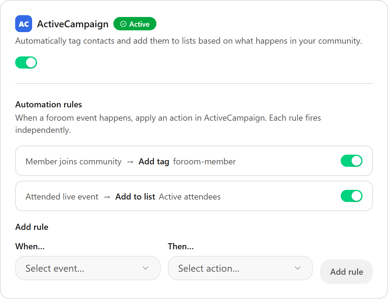 ActiveCampaign rules with two active rules and the add-rule form