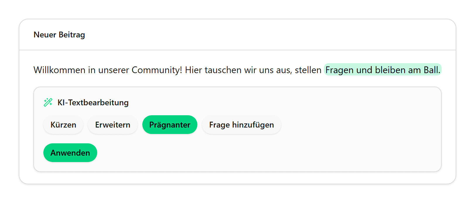 Beitrags-Editor mit markiertem Text und KI-Schreibhilfe im Toolbar-Bereich