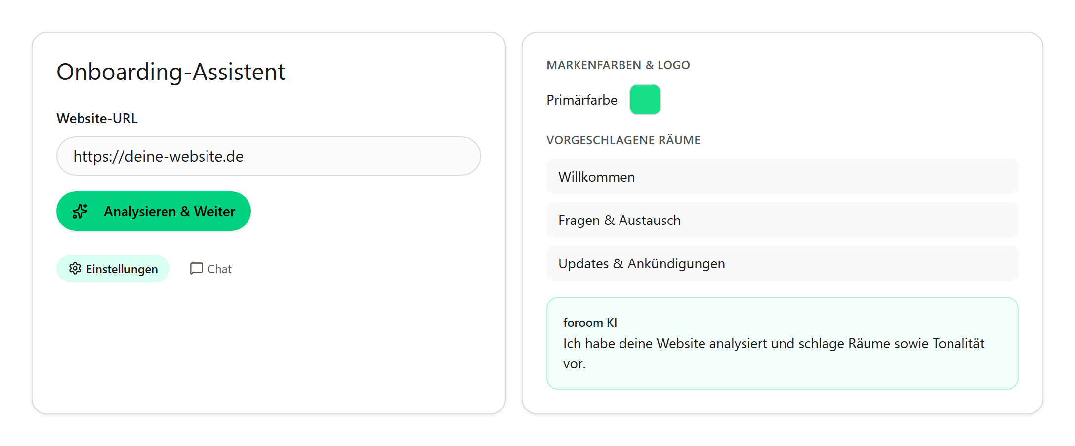 Onboarding-Assistent mit URL-Eingabe und vorgeschlagenen Räumen sowie Markenfarbe
