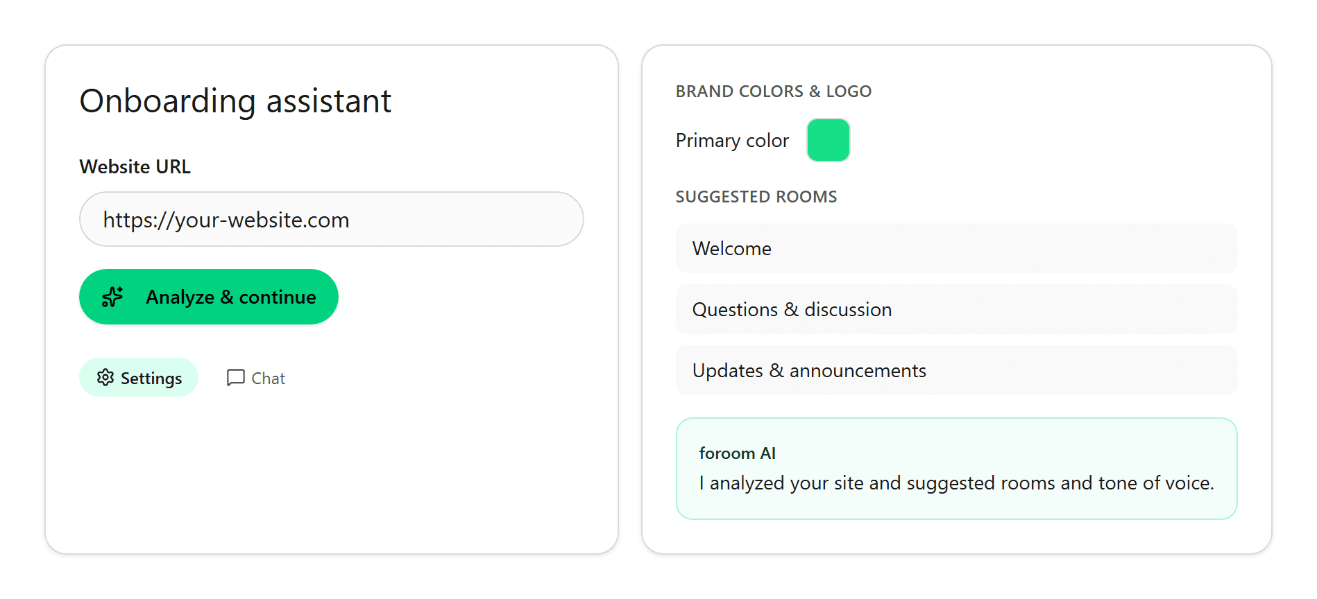 Onboarding assistant with URL input and suggested rooms and brand color