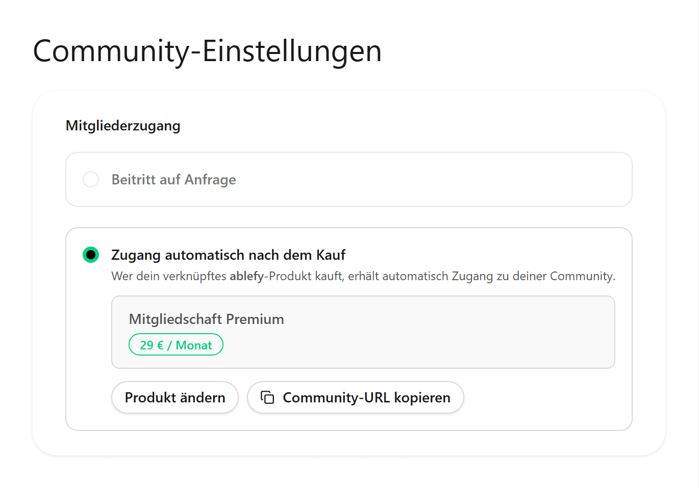 Community-Einstellungen mit verknüpftem ablefy-Produkt und automatischer Mitgliederverwaltung