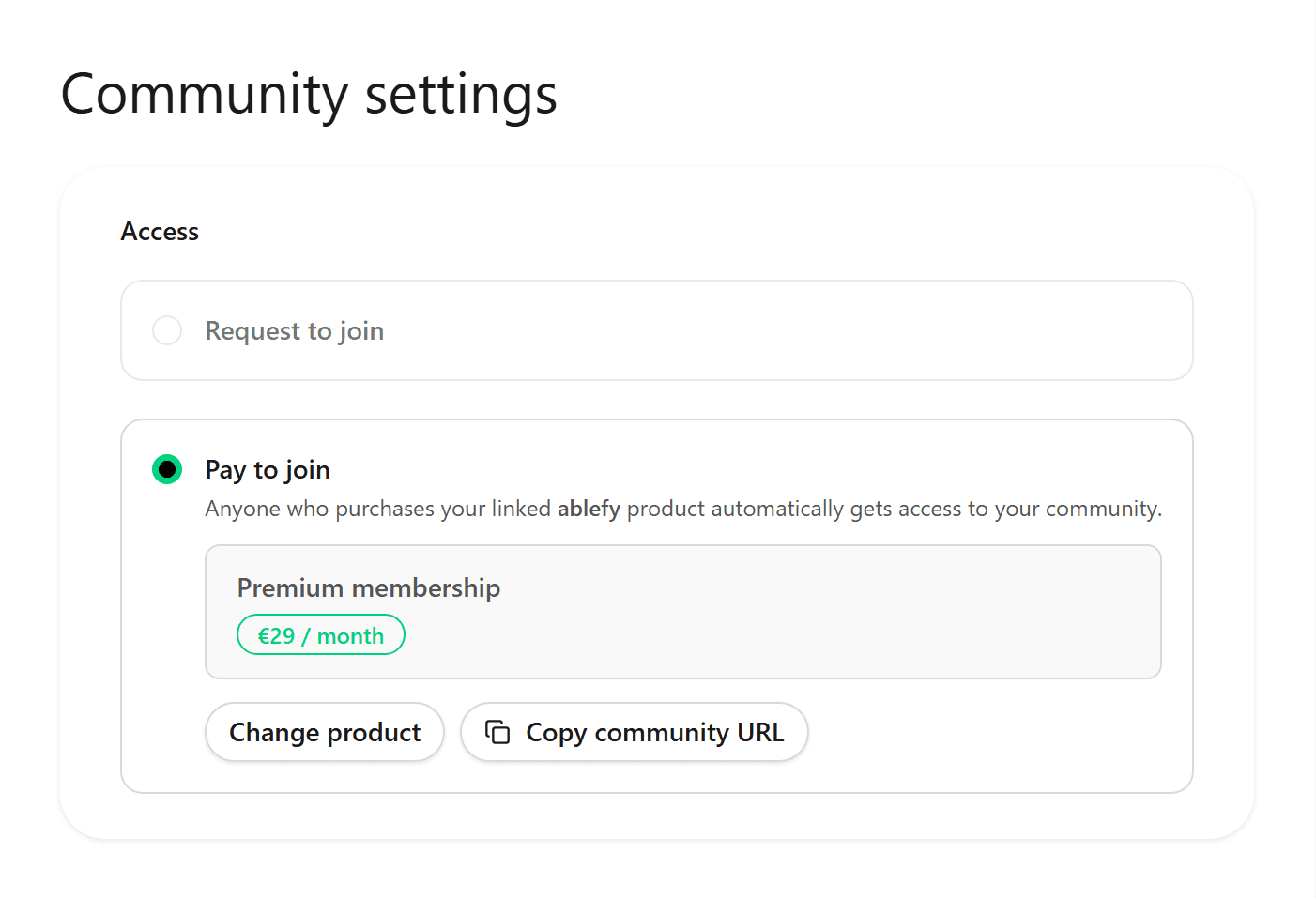Community settings showing a linked ablefy product and automatic member management