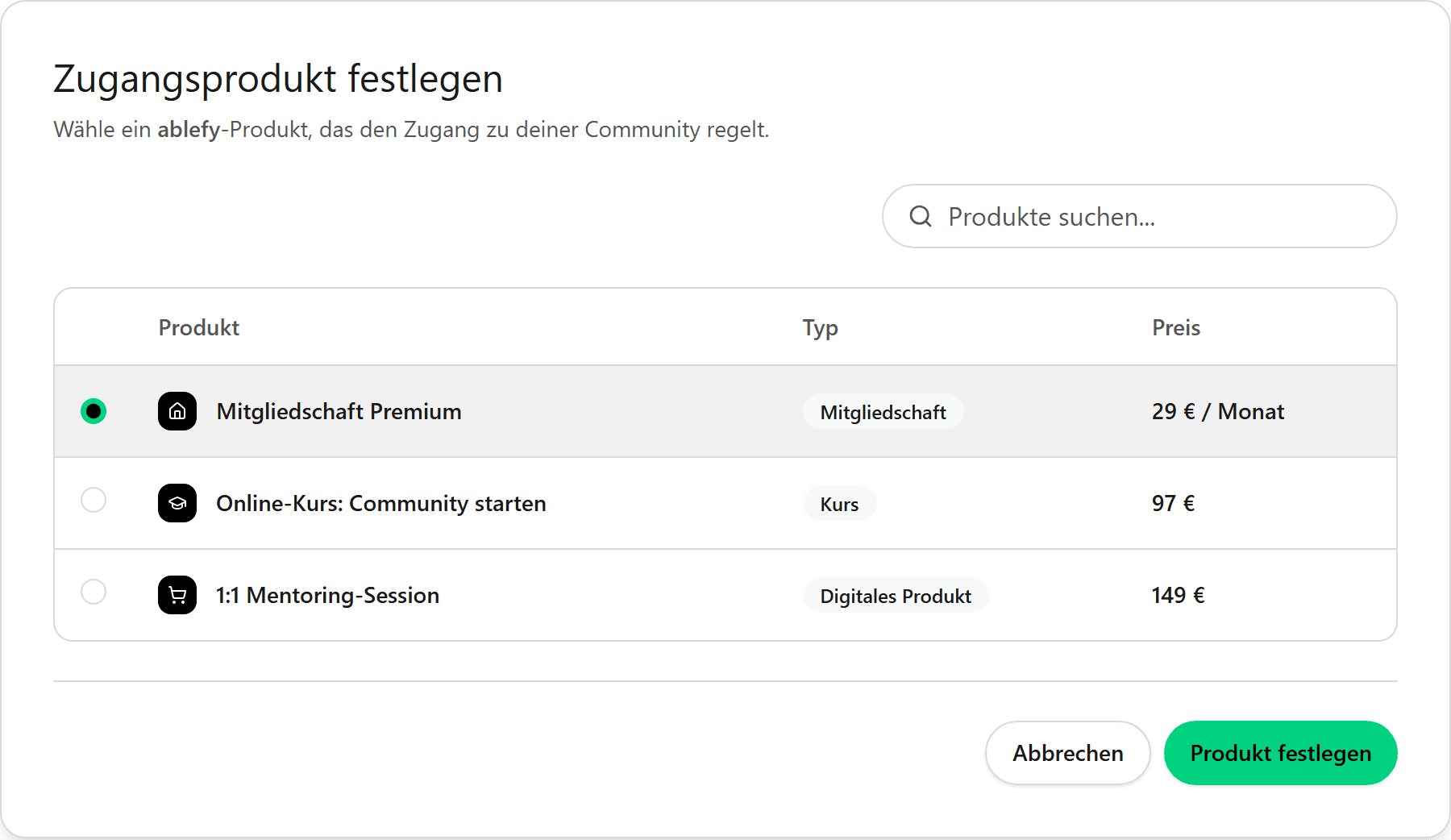 Dialog zur Auswahl eines ablefy-Produkts für den Community-Zugang in foroom