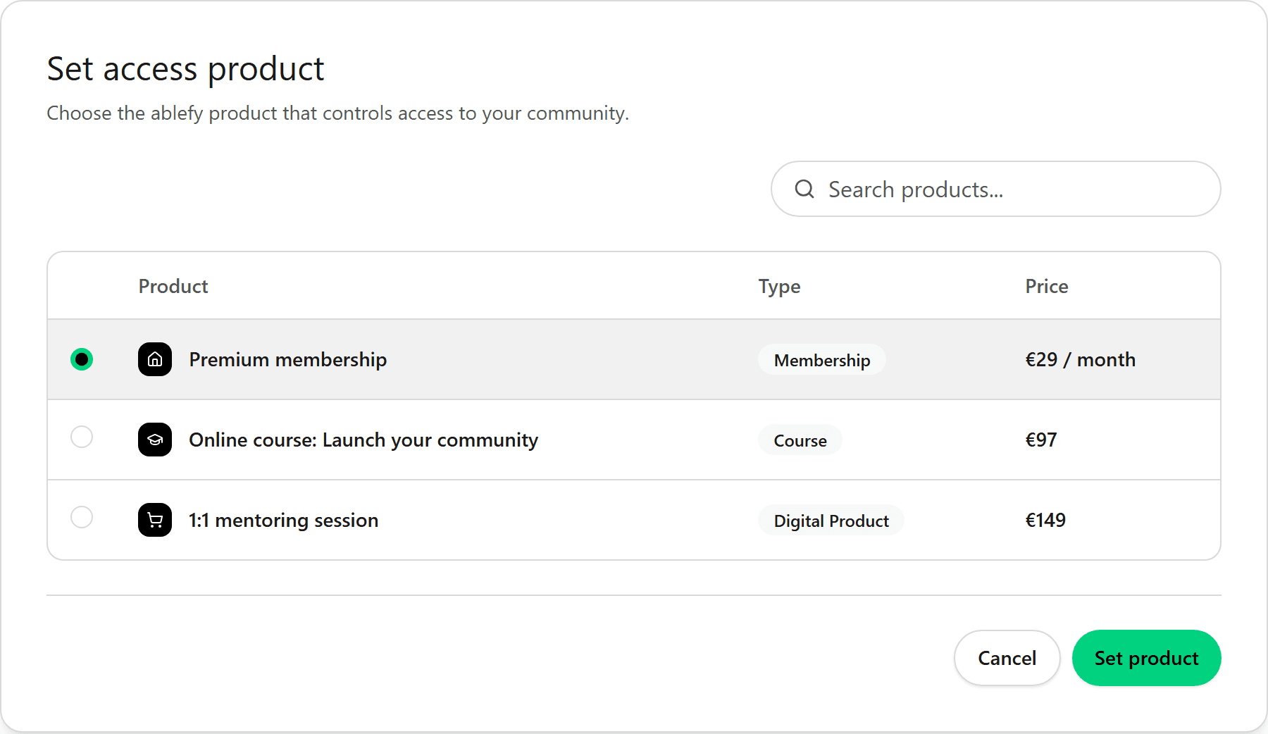 Dialog to select an ablefy product for community access in foroom