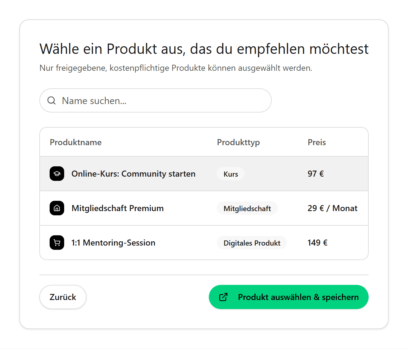 Tabelle mit ablefy-Produkten zur Auswahl als Produkt-Highlight
