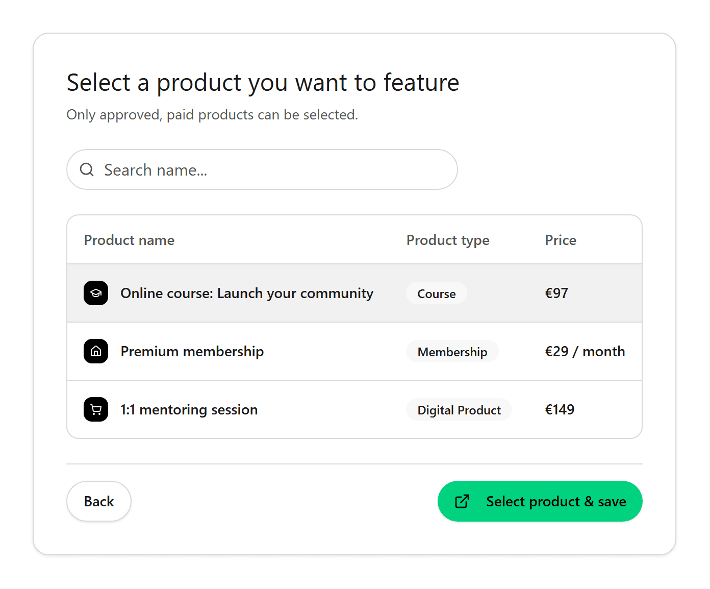 Table of ablefy products to choose as featured product