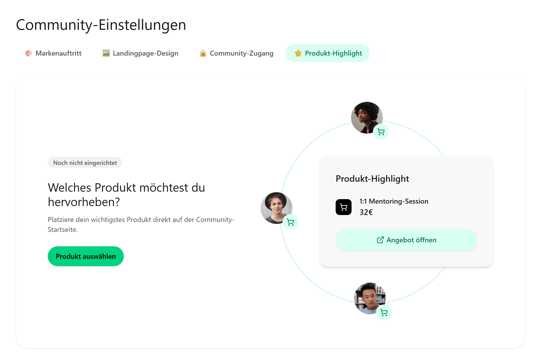 Community-Einstellungen mit aktivem Tab Produkt-Highlight und Button Produkt auswählen