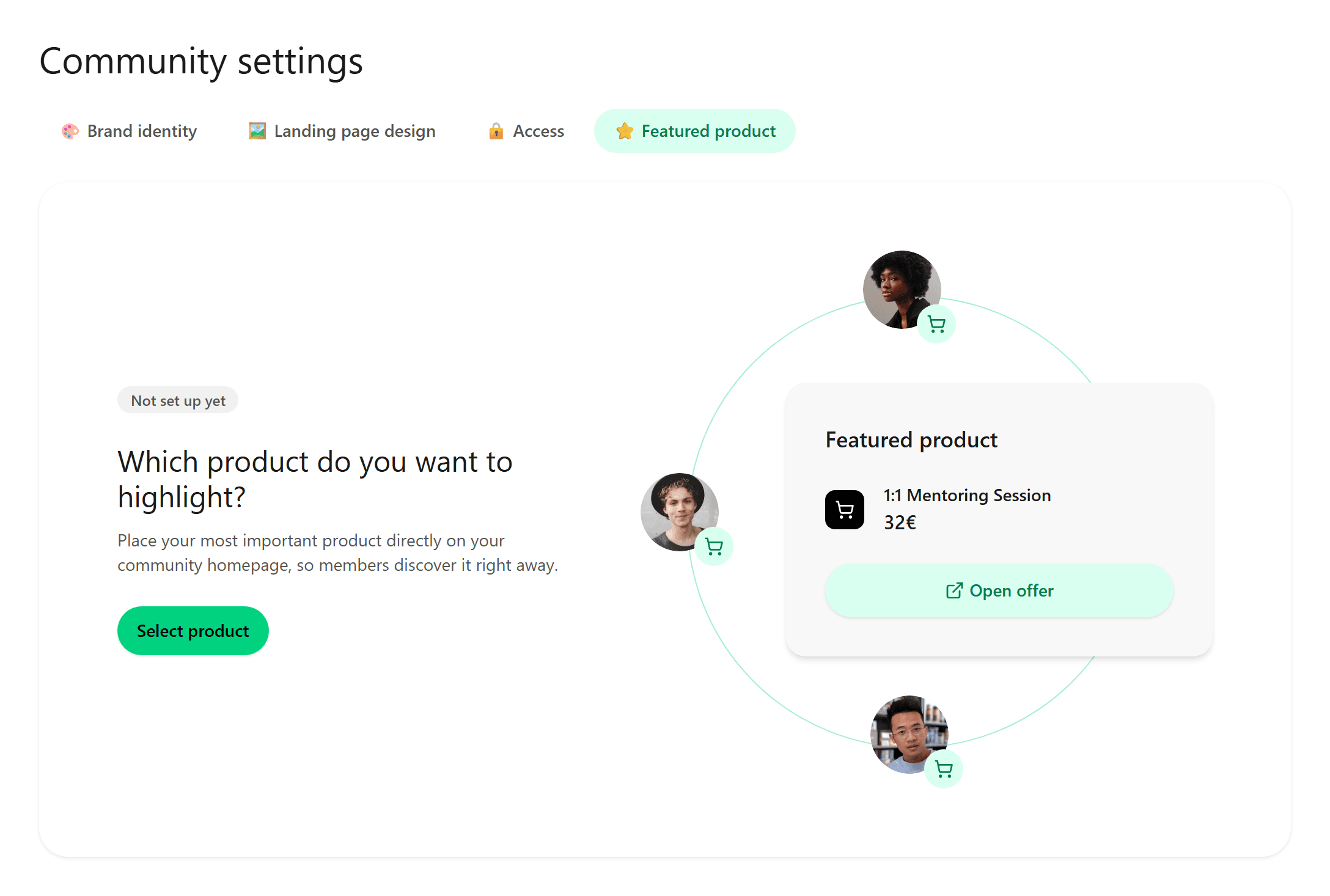 Community settings with Featured product tab active and Select product button