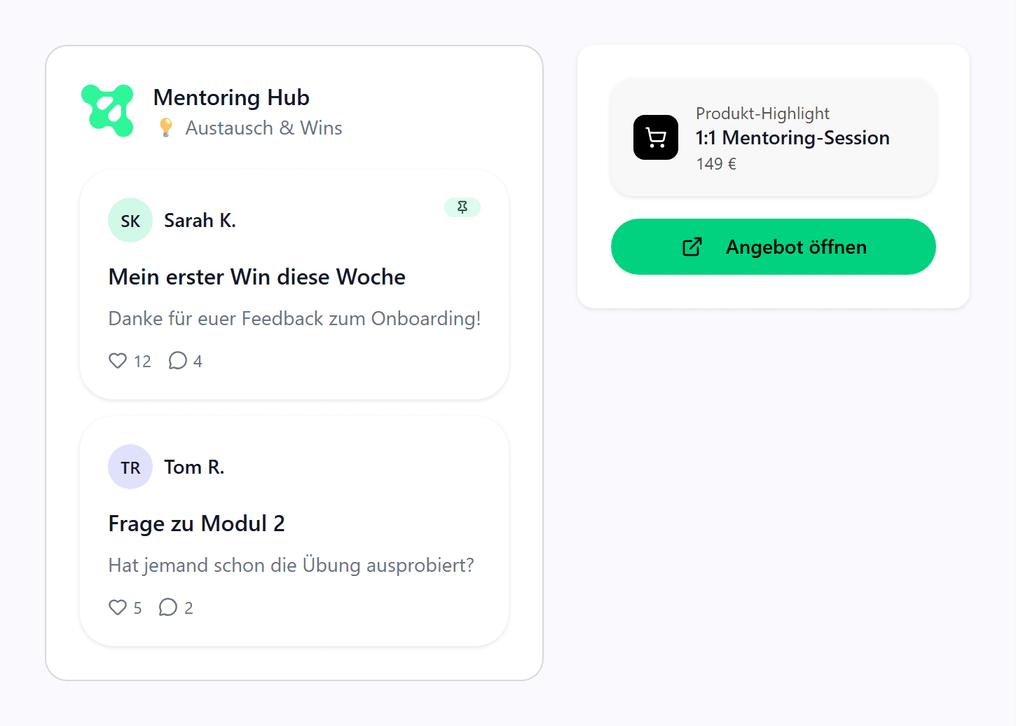 Community-Ansicht mit Produkt-Highlight-Karte und Button Produkt ansehen in der rechten Sidebar
