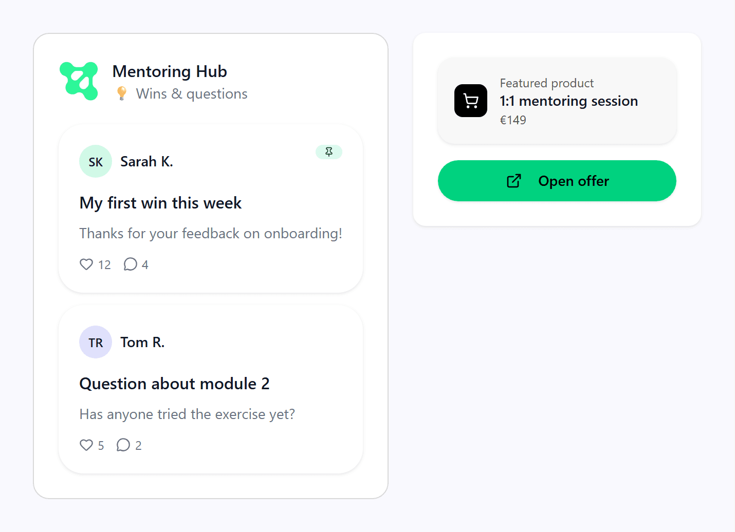 Community view with featured product card and Open offer button in the right sidebar