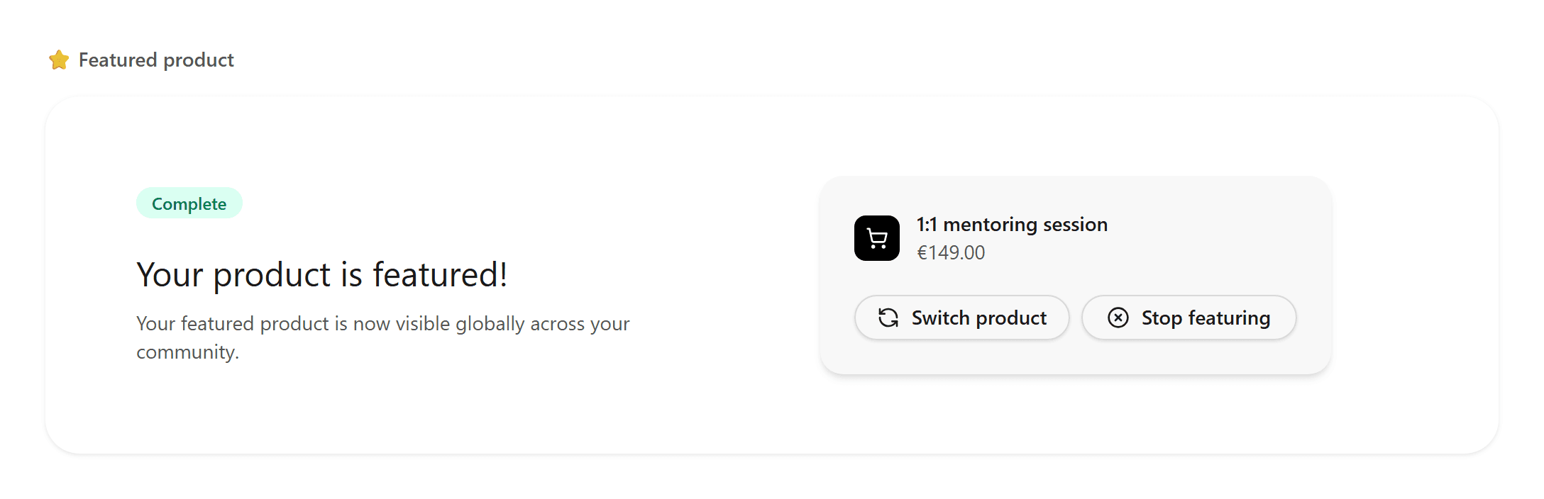 Success view with selected product and Switch product or Stop featuring actions
