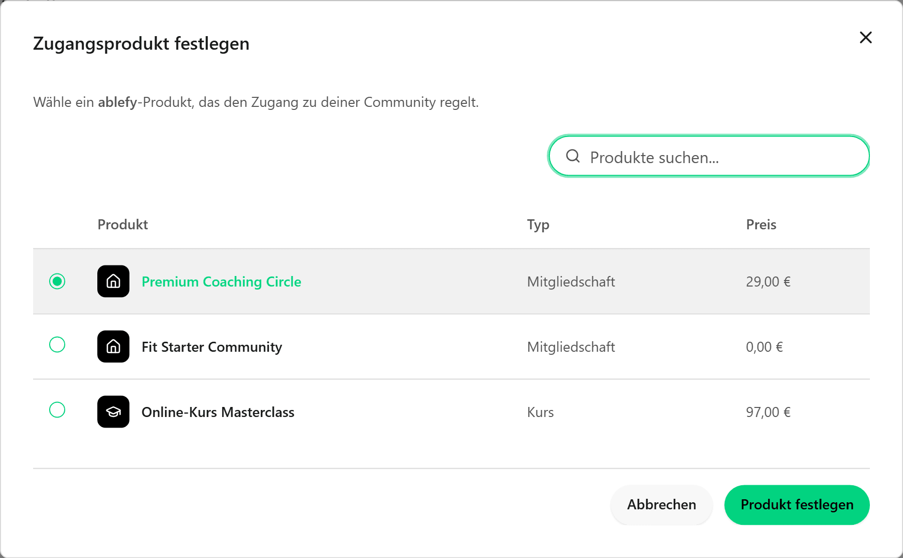 Produktauswahl in foroom mit verknüpftem ablefy-Produkt