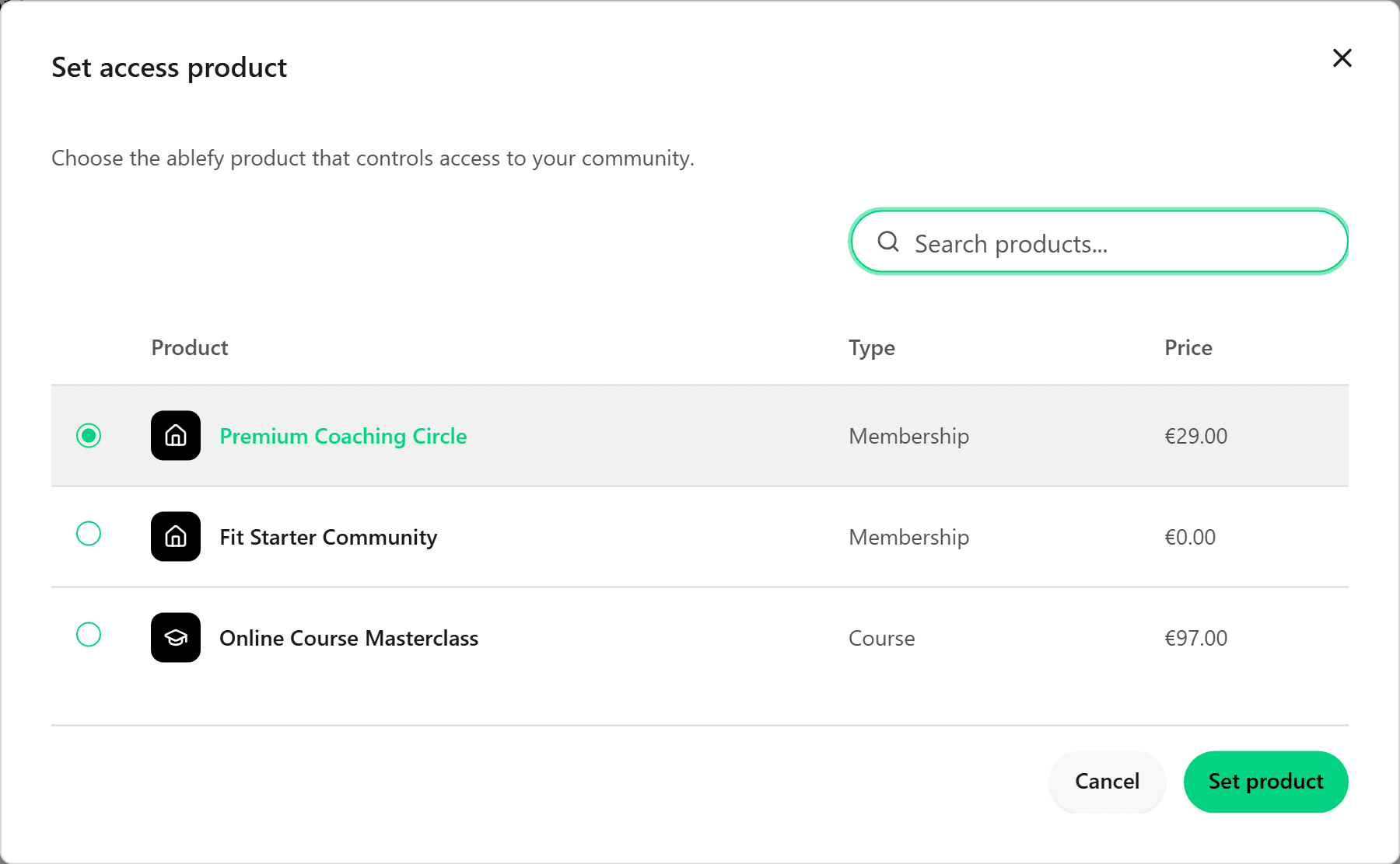 Product selection in foroom with a linked ablefy product