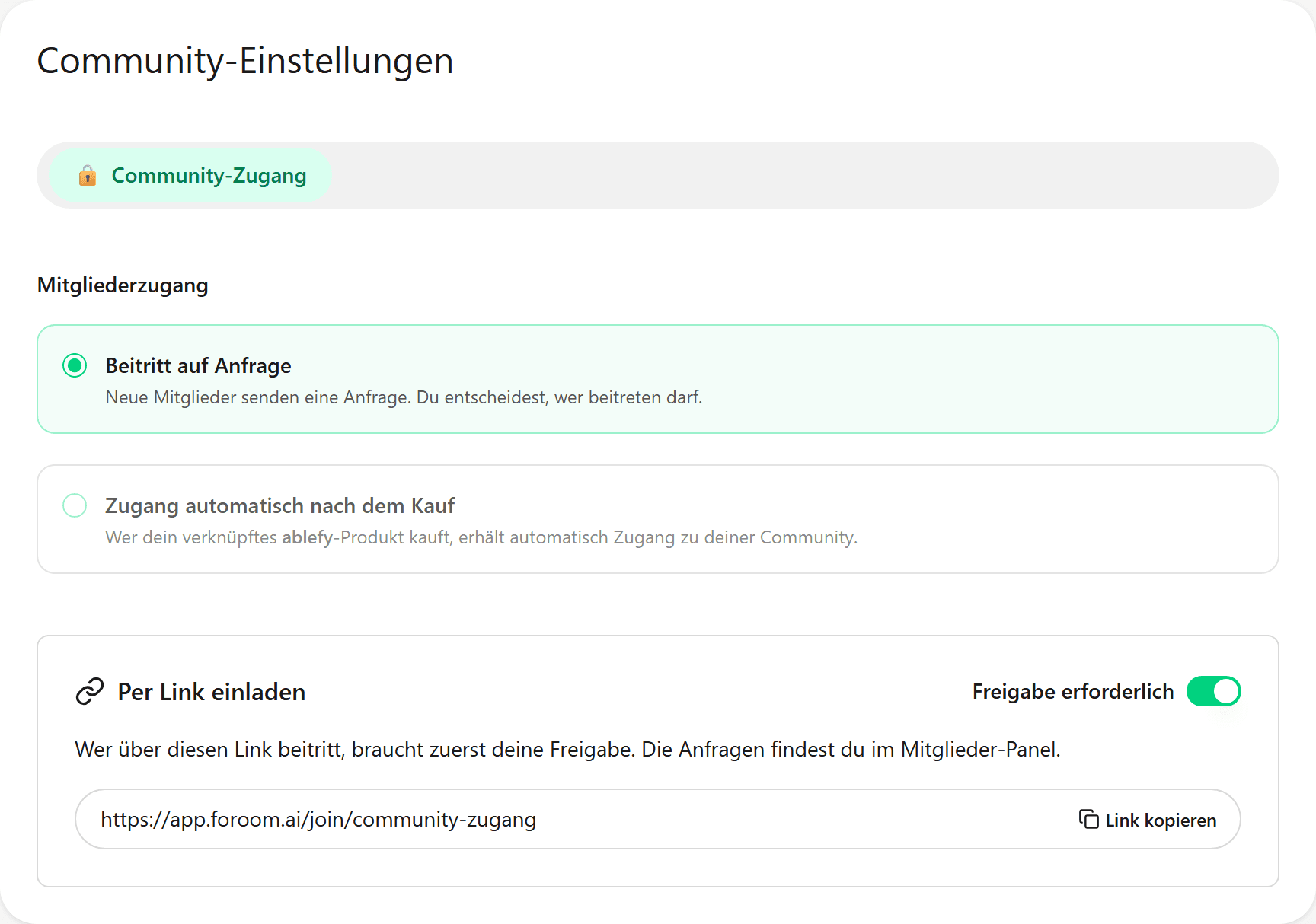 Community-Einstellungen mit Beitritt auf Anfrage, Community-Link und Freigabe erforderlich