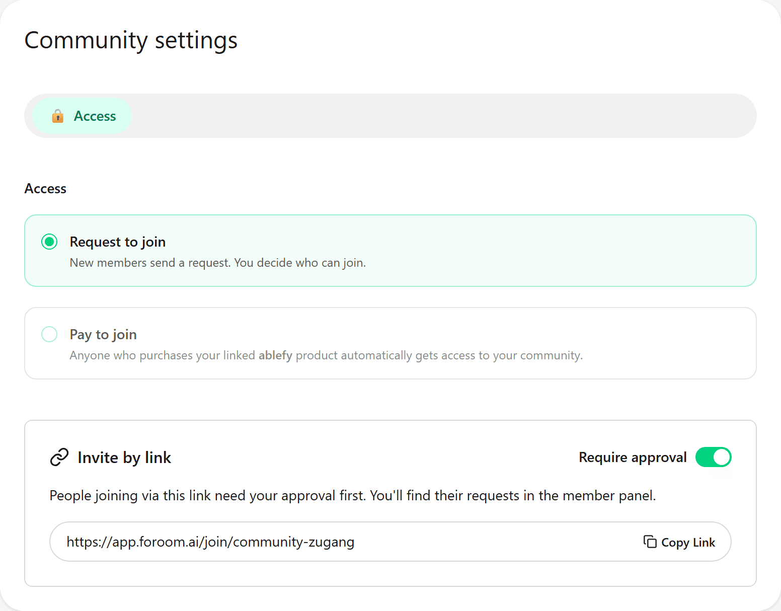 Community settings with request to join, community link, and approval required toggle