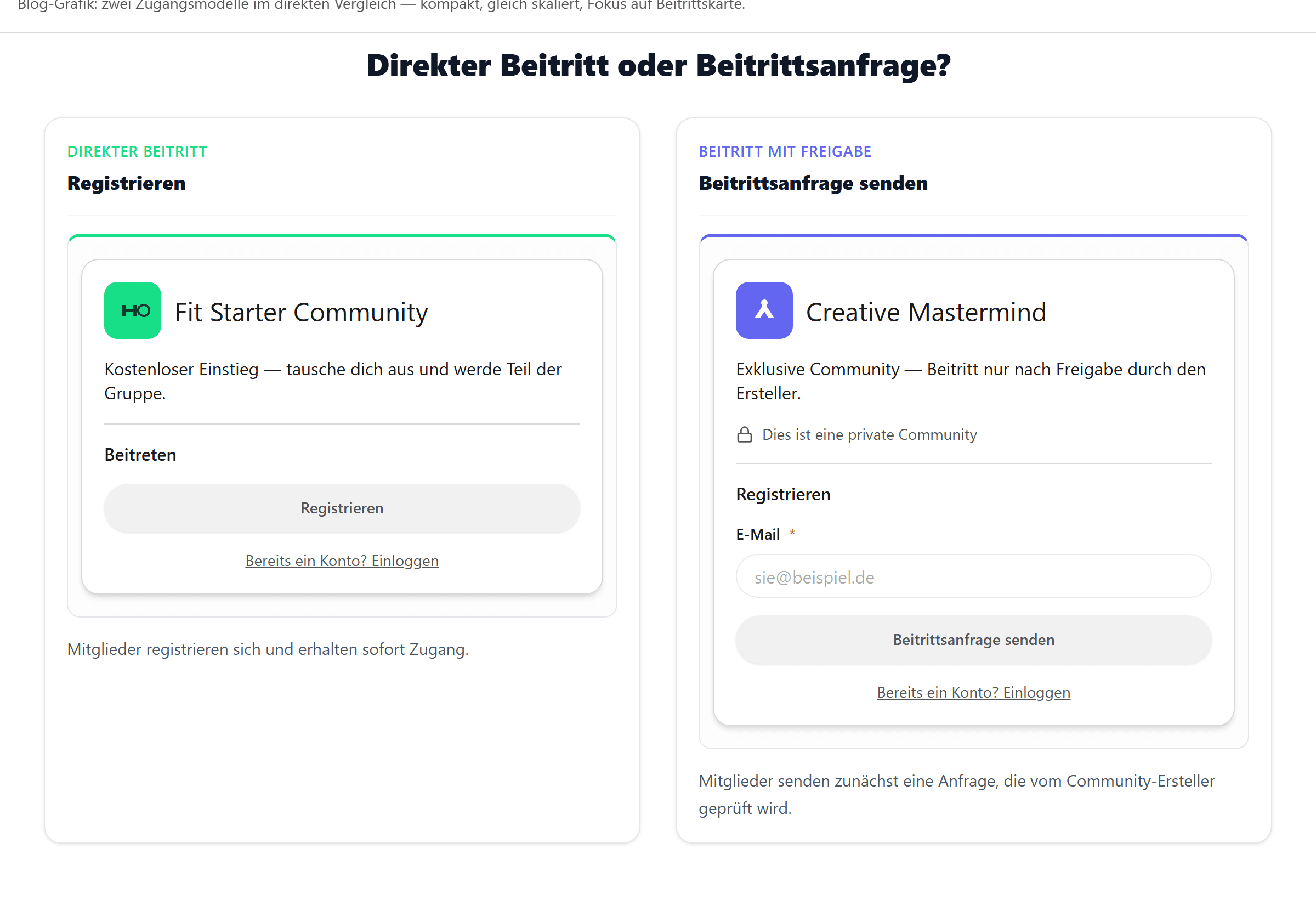 Vergleich zweier Community-Landingpages: Direkter Beitritt mit Registrieren-Button und Beitritt mit Freigabe inklusive E-Mail-Feld und Beitrittsanfrage senden