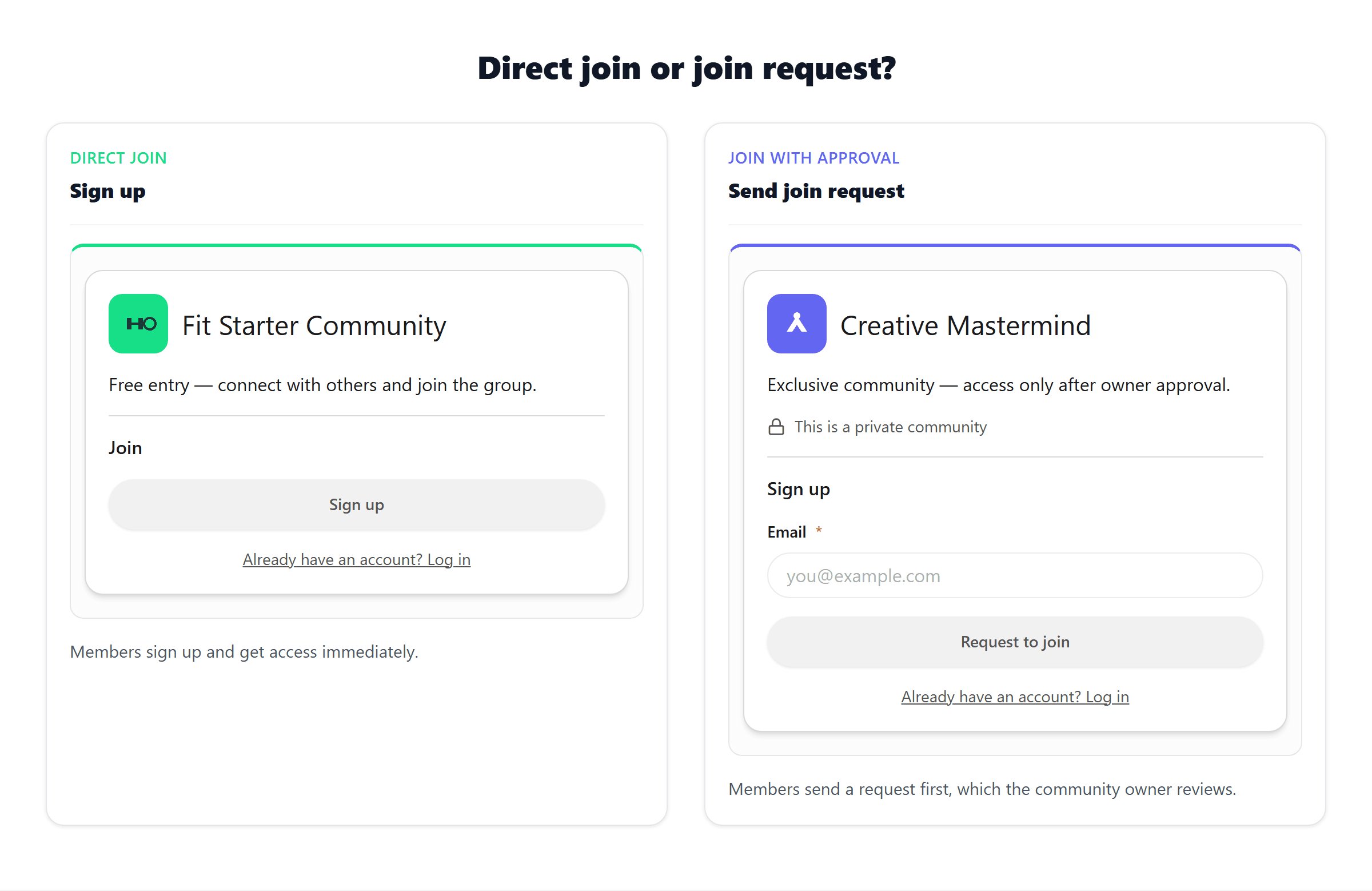 Comparison of two community landing pages: direct join with sign-up button vs. join with approval including email field and send join request button
