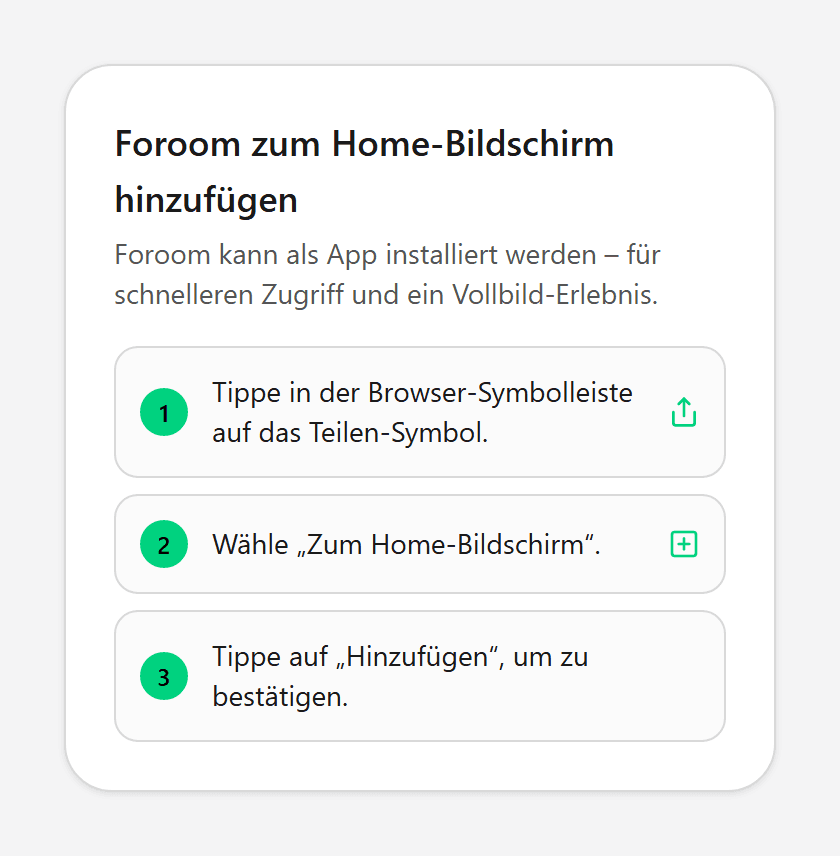 Dialog mit drei Schritten Teilen und Zum Home-Bildschirm