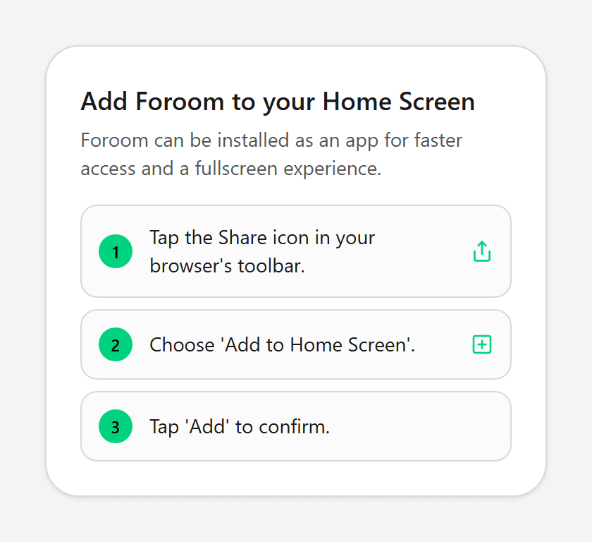 Dialog with three Share and Add to Home Screen steps