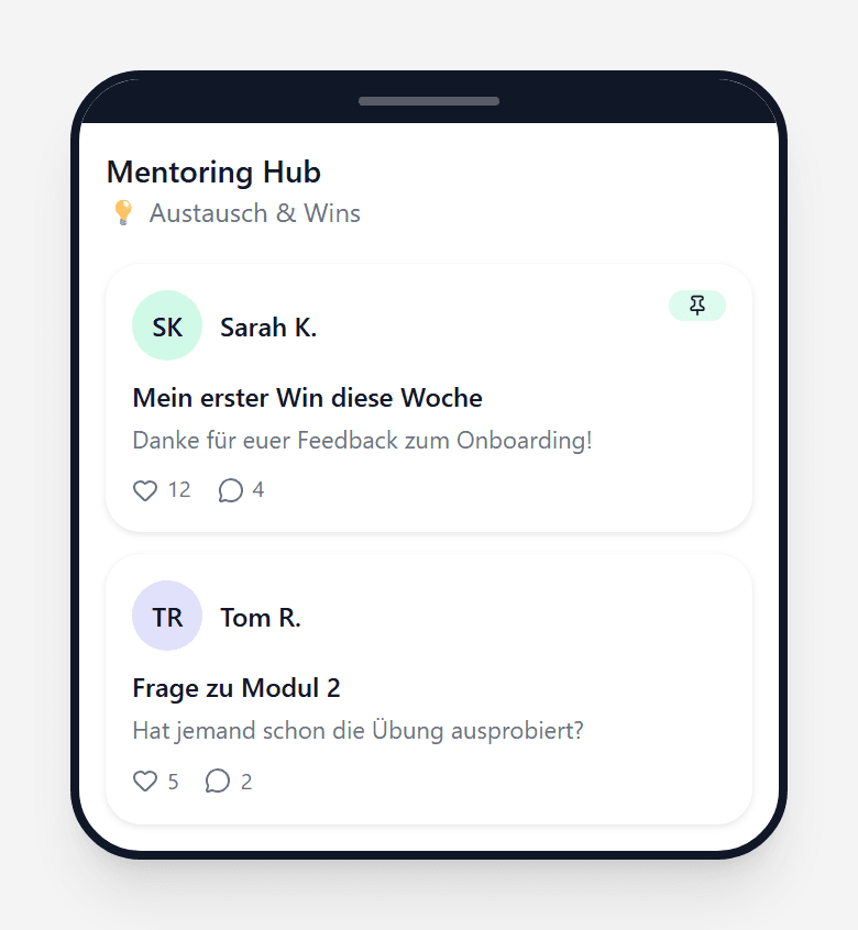 Smartphone-Rahmen mit Community-Feed und zwei Beispiel-Posts
