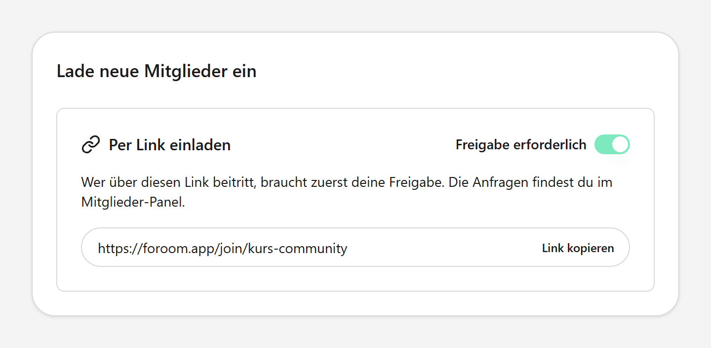 Dialog Mitglieder einladen mit Einladungslink und Schalter Freigabe erforderlich