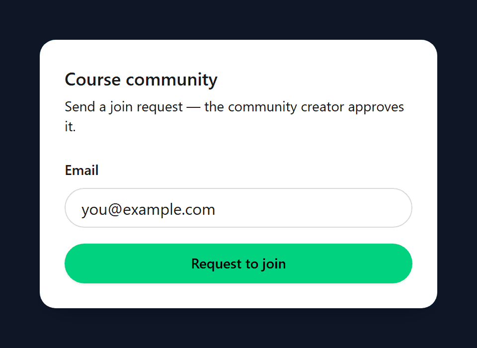 Community landing page with email field and Send join request button