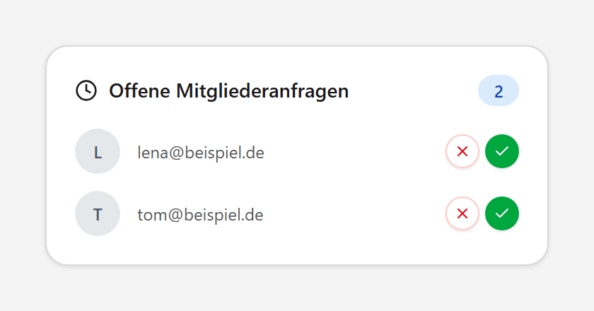 Liste offener Mitgliederanfragen mit Buttons Genehmigen und Ablehnen