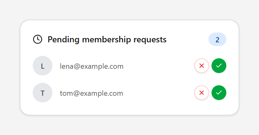 List of pending membership requests with Approve and Deny buttons