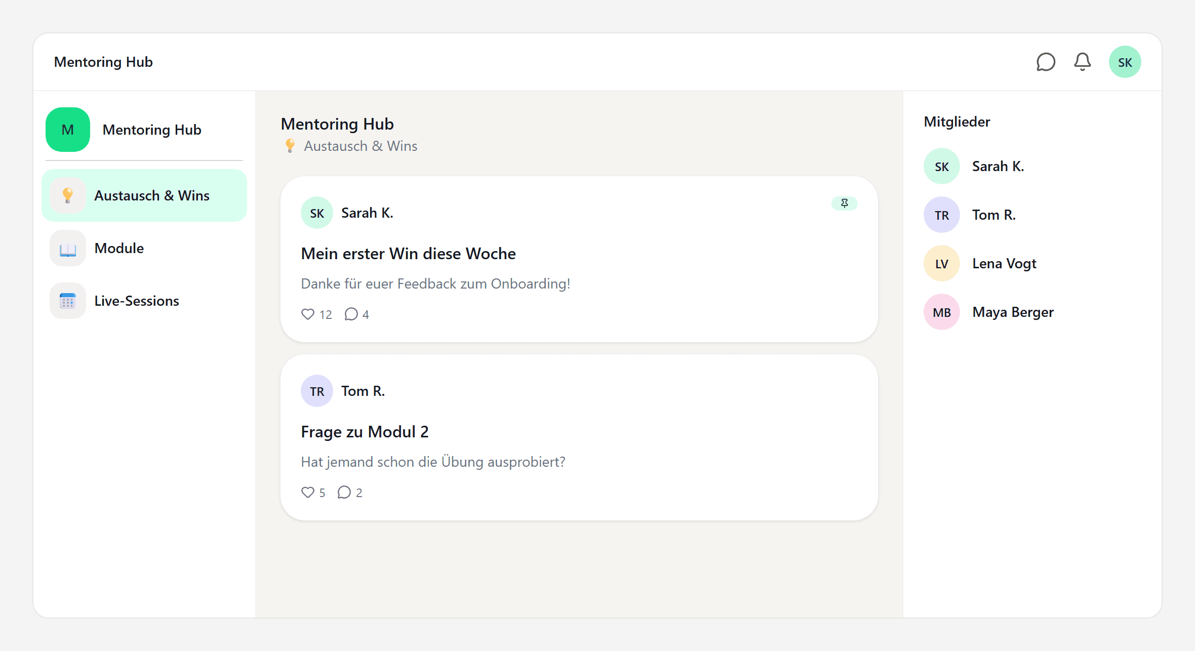 Mitgliederansicht mit Räumen, Feed und Mitgliederliste ohne Verwaltungsbuttons