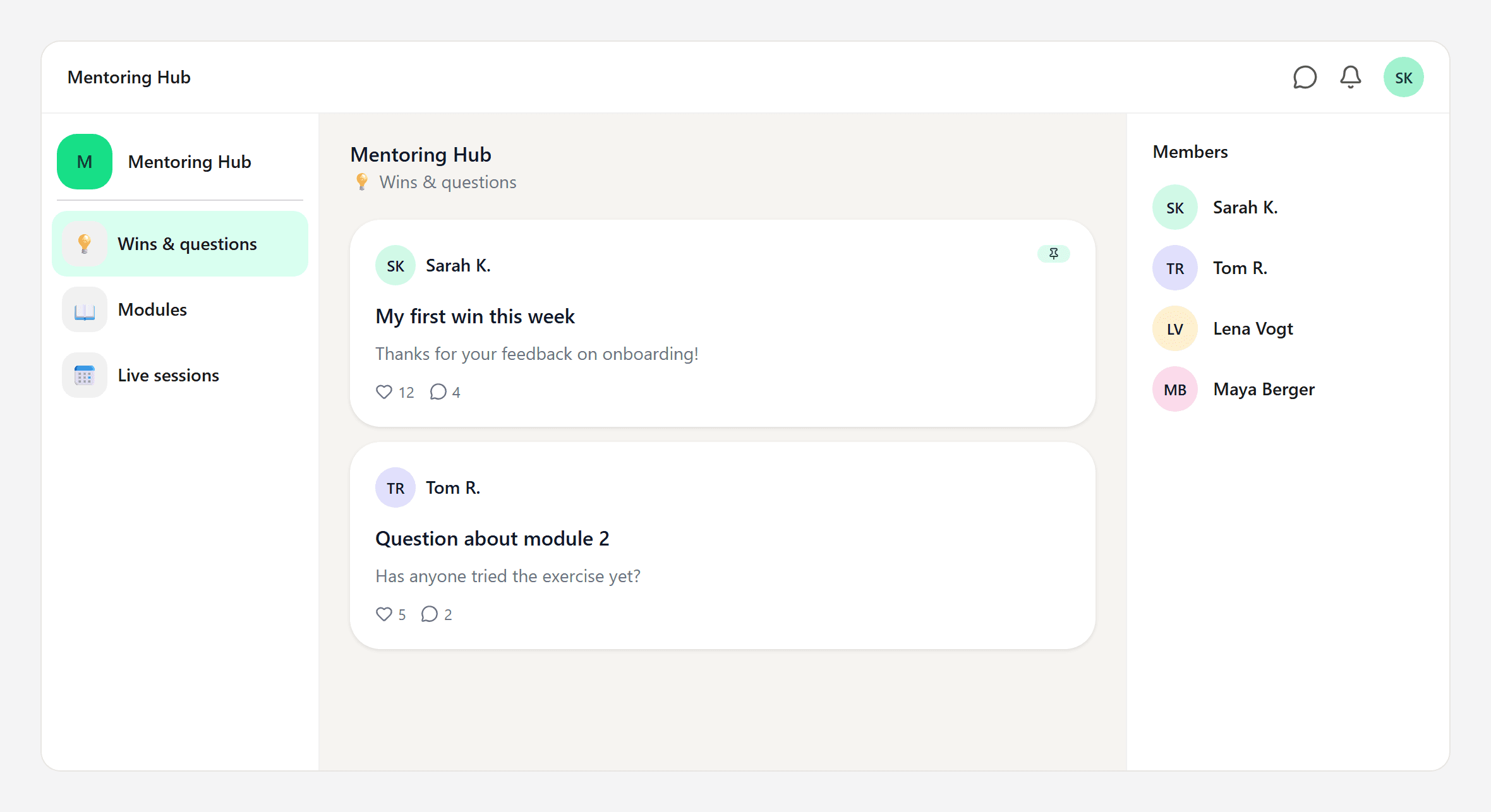 Member view with rooms, feed, and member list, without admin controls