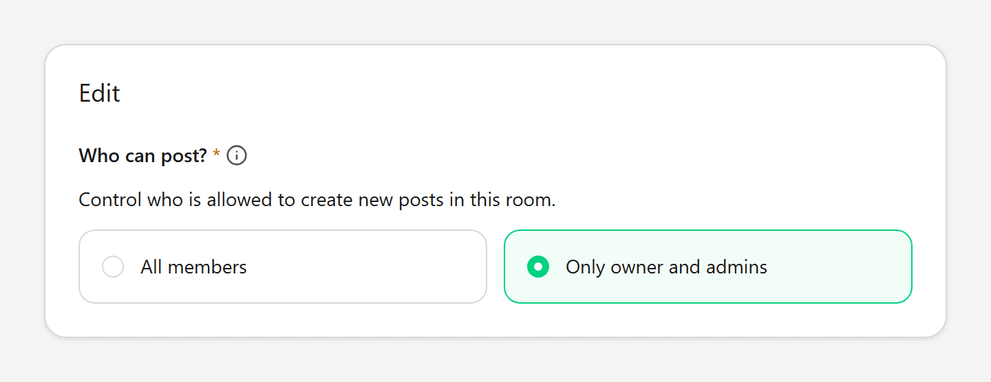 Edit room with Only owners and admins selected under Who can post