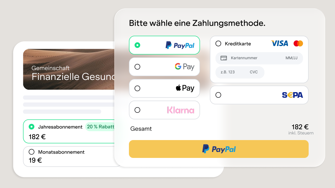 foroom-Checkout mit PayPal, Karten, Apple Pay, Klarna und SEPA als Zahlungsarten