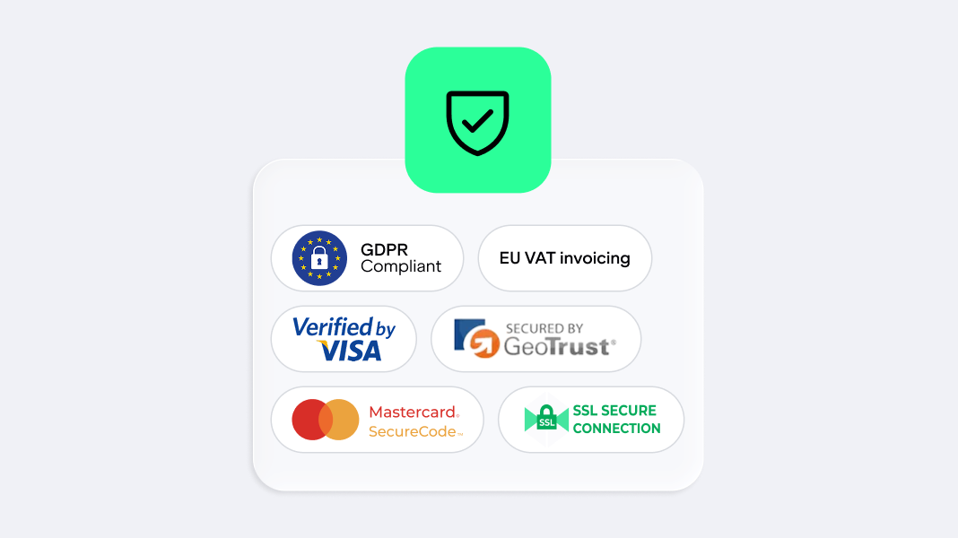 Vertrauenssiegel: DSGVO-konform, EU-USt-Rechnungen, Verified by Visa, GeoTrust, Mastercard SecureCode und SSL-gesicherte Verbindung