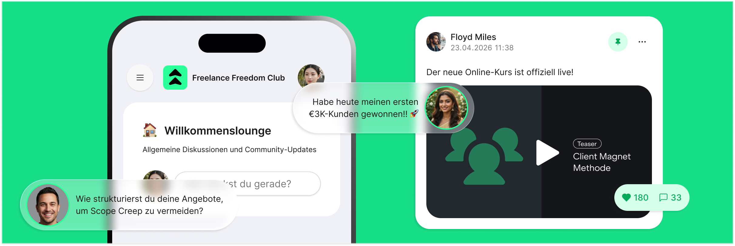 foroom Community-App auf einem Smartphone mit Beiträgen, Kommentaren und Reaktionen